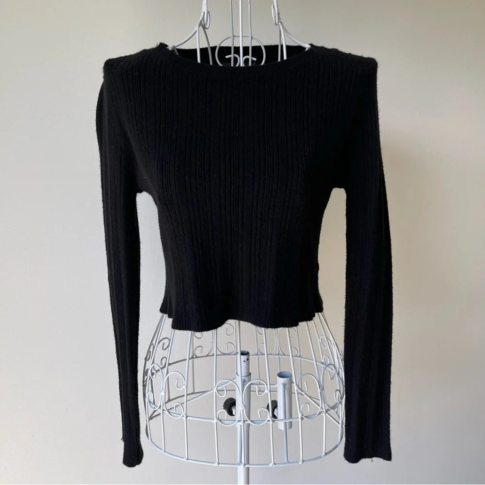 HOUSE OF HARLOW 1960 Black Crop Rib Top viscose blend Long Sleeve black M